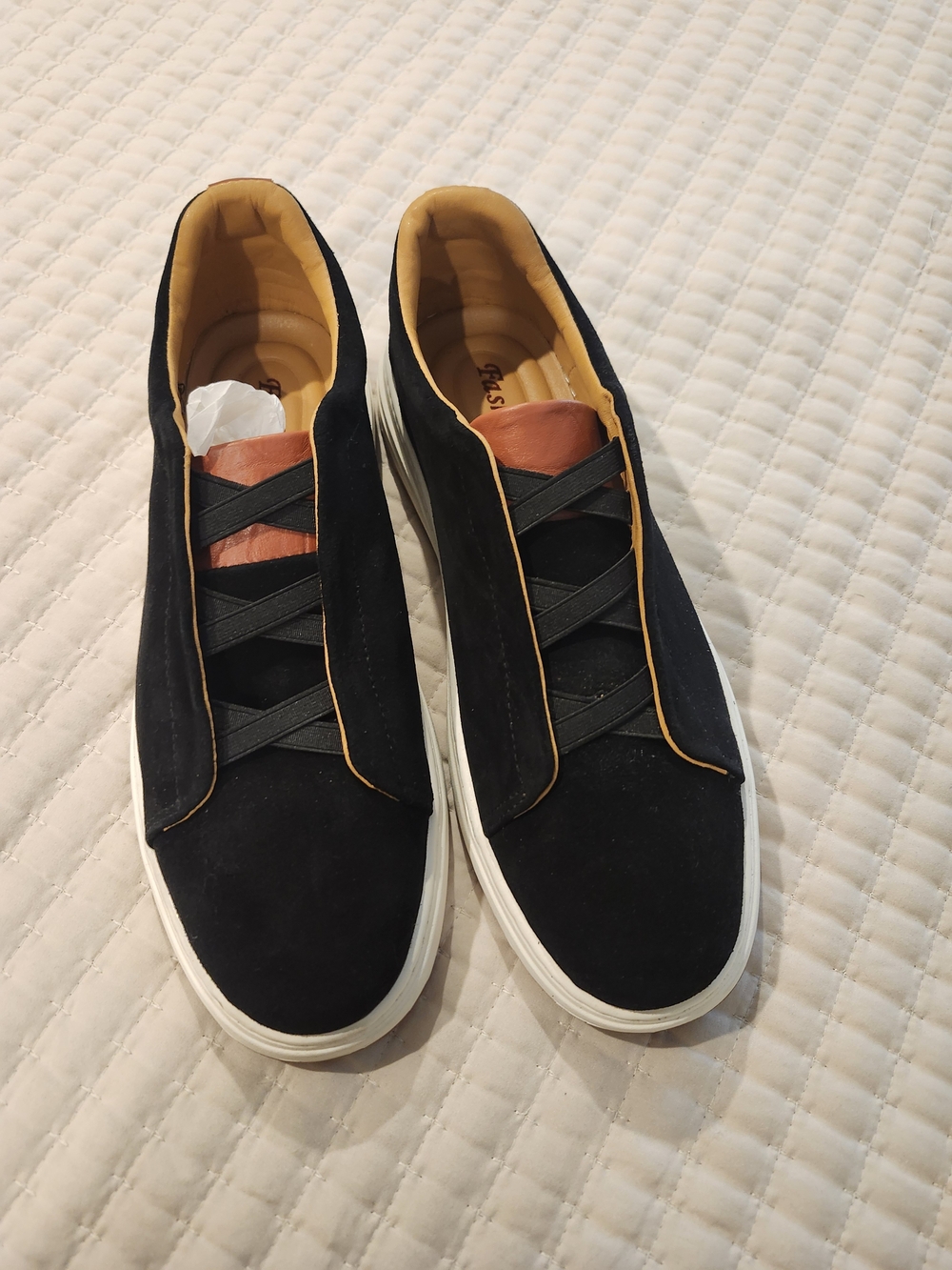 Men's Black Suede Slip-On Sneakers with Tan Lining and Cognac Tongue